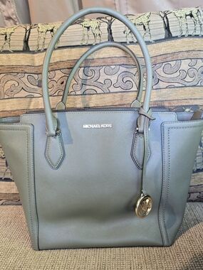 MICHAEL KORS Olive Saffiano Leather Tote with Gold Logo Charm